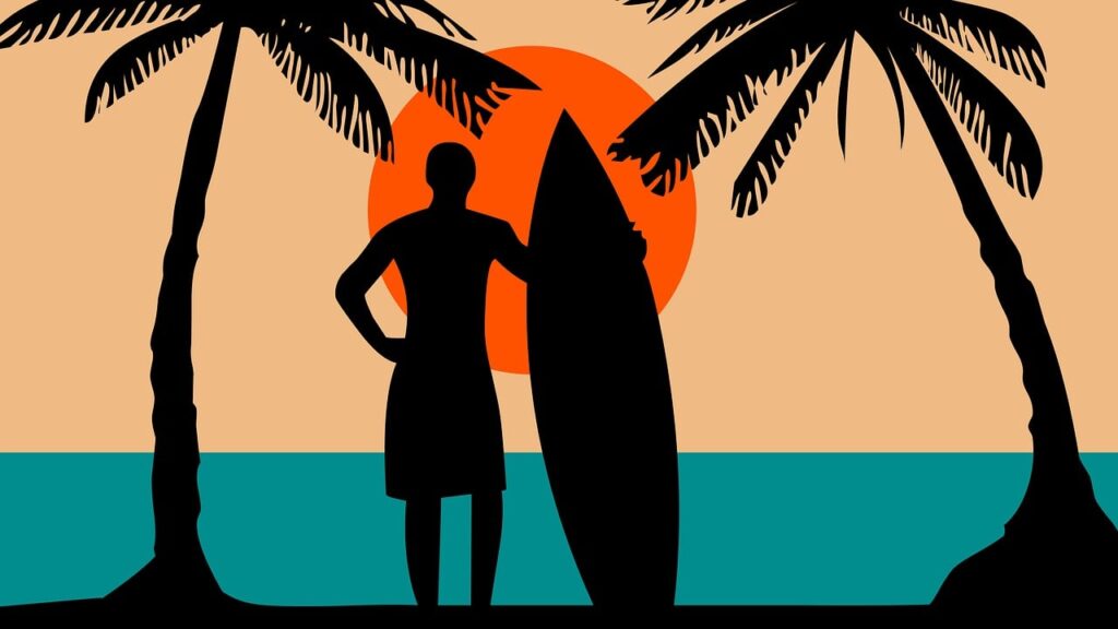 Landscape graphics of guy on beach with surfboard