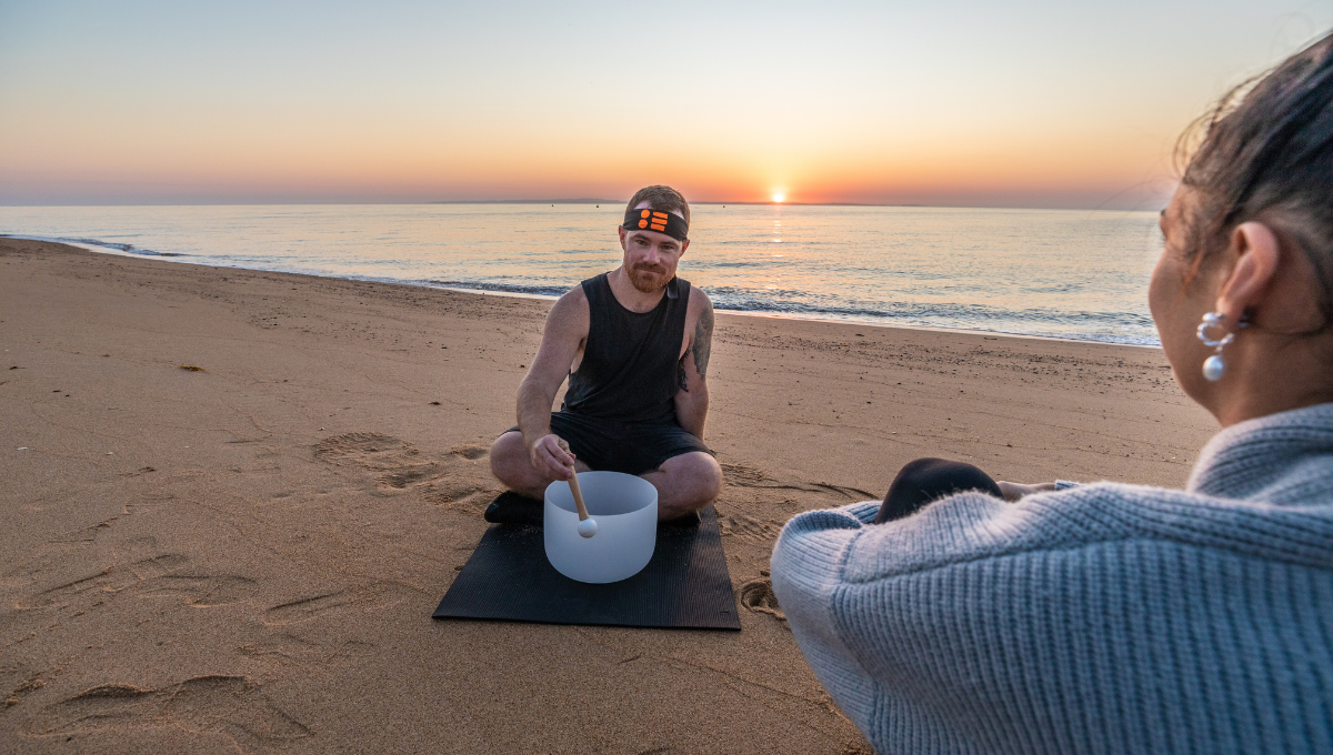 Beachgoers meditating